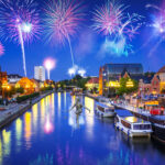 New Years firework display in Bydgoszcz city over Brda river, Poland