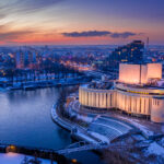 Stunning sunset over Opera Nova in winer Bydgoszcz, aerial view of Poland