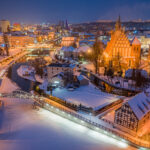 Aerial view of downtown Bydgoszcz at dusk in winter, Poland